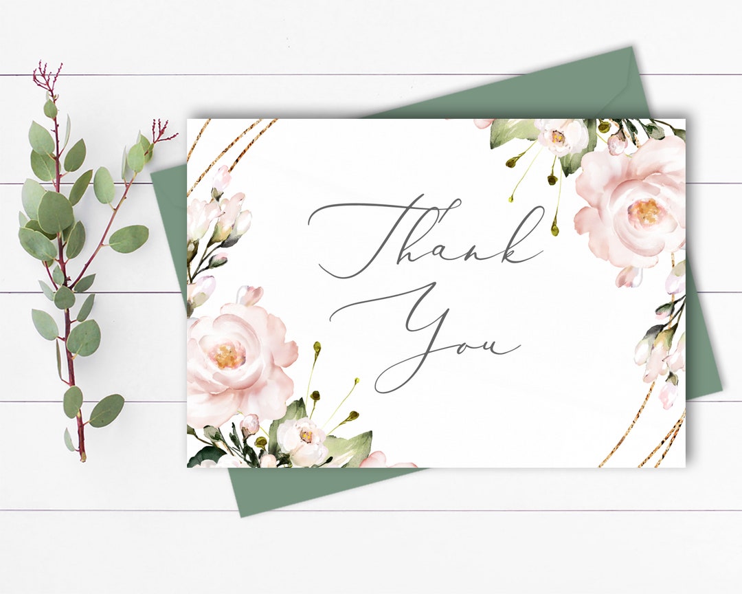 Blush Floral Wreath Thank You Card Template Gold Geometric Thank You ...