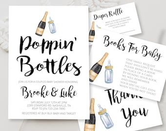 Invitación para baby shower de parejas de Poppin' Bottles Invitación mixta para baby shower de Poppin Bottles Plantilla de invitación para baby shower de Poppin Bottles