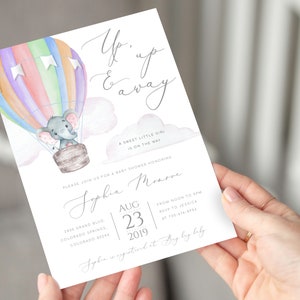 Editable Elephant Hot Air Balloon Baby Shower Invitation Template Up Up and Away Hot Air Balloon Invitation Editable Baby Girl Shower Invite