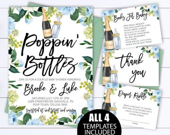 Champagne Poppin' Botellas Parejas Baby Shower Invitación Poppin Botellas Co-ed Baby Shower Invitación Floral Poppin Botellas Baby Shower