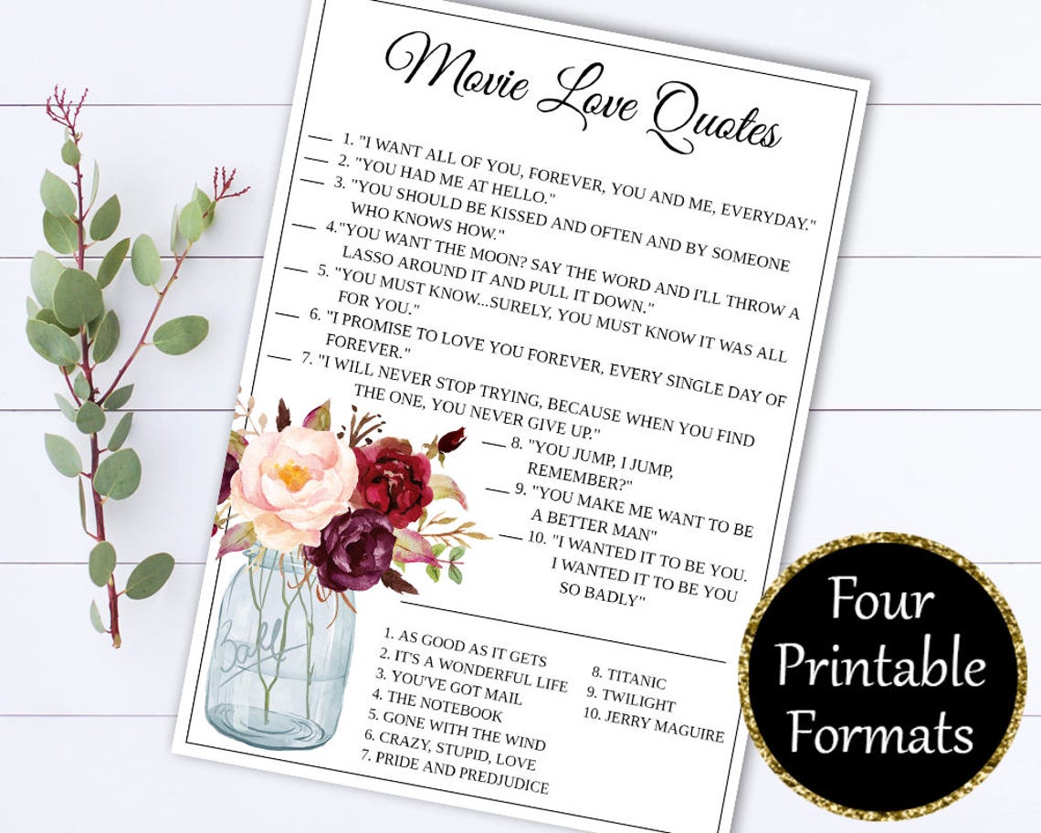 Movie Love Quotes Bridal Shower Games Love Quote Game Etsy