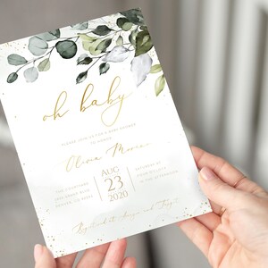 Editable Oh Baby Greenery Gold Baby Shower Invitation Template Eucalyptus Baby Shower Gender Neutral Baby Shower Oh Baby Gold Invite