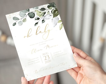 Editable Oh Baby Greenery Gold Baby Shower Invitation Template Eucalyptus Baby Shower Gender Neutral Baby Shower Oh Baby Gold Invite
