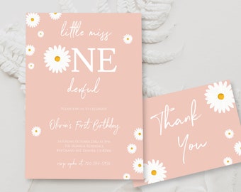 Editable Pink Daisy Birthday Party Invitation Template Floral Little Miss One-derful 1st Birthday Groovy Party Bohemian First Birthday BD04