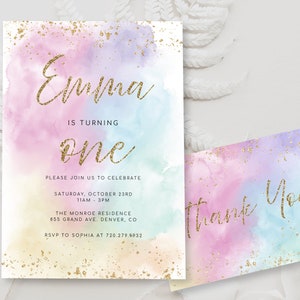 Editable Rainbow Birthday Invitation Template Watercolor Gold Glitter Birthday Invite Colorful Sprinkles Pastel 1st Birthday 2nd 3rd BD13