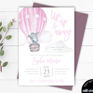 Elephant Hot Air Balloon Baby Shower Invitation Template Up Up and Away Hot Air Balloon Invitation Editable Baby Girl Baby Shower Invite