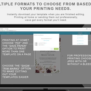 May include: A digital display shows options for printing templates. Text on the screen includes "Multiple Formats to Choose From" and instructions for PDF and JPEG formats. The screen also displays a wedding invitation template with floral accents.