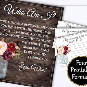 Who Am I Bridal Shower Games - Instant Download Who Am I Game - Bridal Shower Printable Memory Game - Bridal Shower Memory - Bridal Games