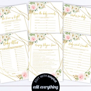 Editable Pink Floral Baby Shower Games Printable Baby Shower Games Package Baby Shower Activity Printable Baby Shower Bingo Baby Shower