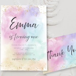 Editable Rainbow Birthday Invitation Template Watercolor Gold Glitter Birthday Invite Colorful Sprinkles Pastel 1st Birthday 2nd 3rd BD13