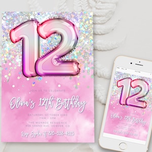 Editable Pink 12th Birthday Invitation Template Glitter Birthday Party Invite Foil Girl Twelfth Birthday Instant Download Digital BD16