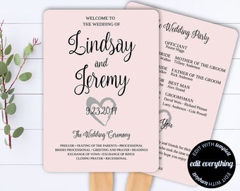 Heart Wedding Program Template - Wedding Fans - Wedding Fan Program  - Fan Program - Editable Program - Heart program - Printable Program