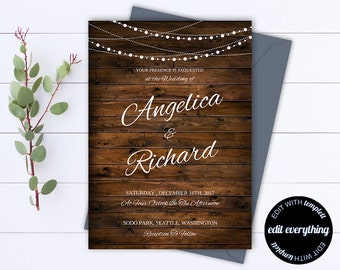 Country Wedding Invitation Template - Southern Wedding Invitations - Barn Wedding invitation - Rustic Wedding Set - String lights - PDF