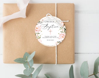 Blush Floral Baptism Gift Tag Template Eucalyptus Baptism Gift Tags Greenery and Gold Tags Communion Thank You Tags Baptism Favor Tags