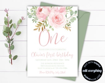 Pink Floral First Birthday Invitation Template Pink Floral 1st Birthday Invitation First Birthday Girls First Birthday Invite Girl Birthday