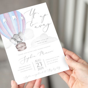 Editable Hot Air Balloon Baby Shower Invitation Template Up Up and Away Hot Air Balloon Invite Gender Neutral Elephant Baby Shower Invite
