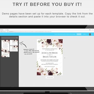 May include: A laptop screen displays a wedding invitation template with floral accents and the text "TRY IT BEFORE YOU BUY IT!". The invitation includes details for Jessica McBride and Brian Taylor.
