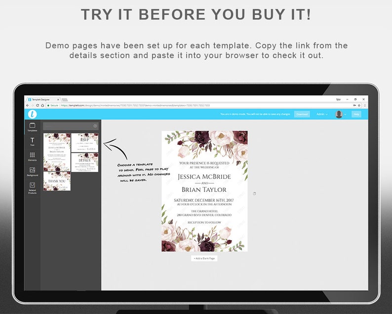 May include: A laptop screen displays a wedding invitation template with floral accents and the text "TRY IT BEFORE YOU BUY IT!". The invitation includes details for Jessica McBride and Brian Taylor.