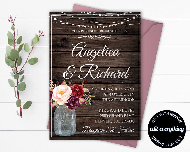 May include: Wedding invitation with a rustic wood background, featuring the names "Angelica & Richard" in elegant script. The invitation includes floral accents in a mason jar, string lights, and event details. A pink envelope is visible.