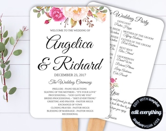 Könnte beinhalten: Hochzeitsprogrammfächer mit floralen Akzenten. Das Programm listet die Hochzeitsdetails auf, einschließlich der Namen Angelica & Richard, des Datums und der Zeremonienreihenfolge. Der Fächer hat ein florales Design.