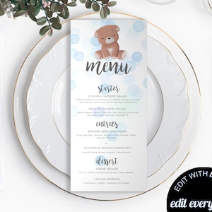 Bear Baby Shower Menu Template Bear Menu Cards Teddy Bear Birthday Menu Card Baby Shower Menu Card Printable Birthday Menu Cards