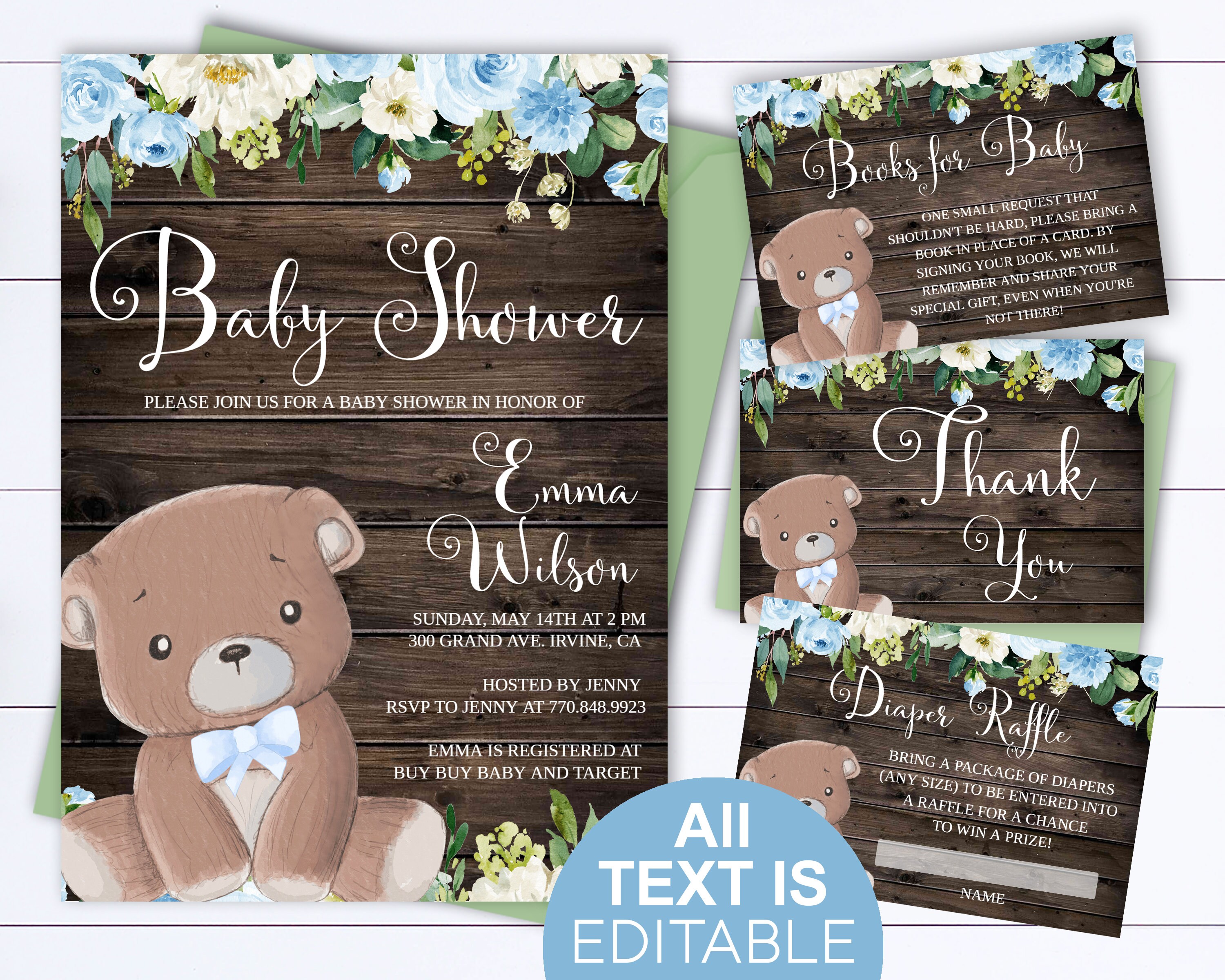 INSTANT DOWNLOAD Bear Themed Baby Boy Shower Invite Printable
