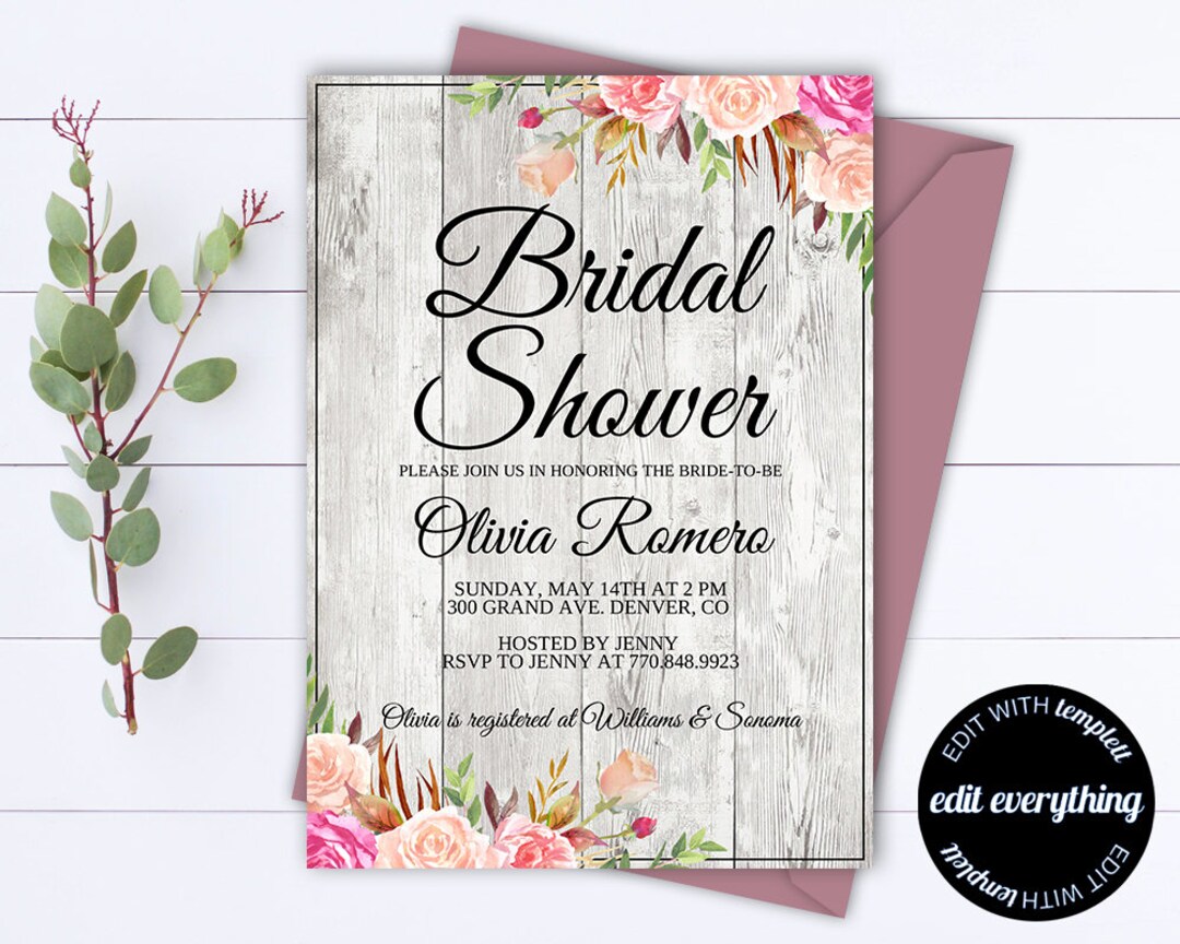 Rustic Bridal Shower Invitation Template Bridal Shower Invite Floral ...