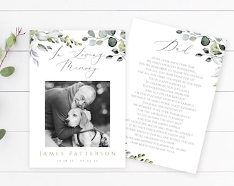 Op de afbeelding: Een zwart-witfoto van een man en zijn hond. De foto is omgeven door een witte lijst met een groene bloemenrand. De tekst "In Loving Memory" staat boven de foto en de tekst "James Patterson 10.18.35 - 09.02.20" staat onder de foto. De rechterkant van de afbeelding bevat een gedicht met de titel "Dad" met een groene bloemenrand.