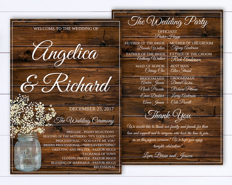 May include: A rustic wedding invitation with a woodgrain background. The invitation features the names Angelica & Richard, the wedding date December 23, 2017, and a list of the wedding ceremony events. A mason jar filled with white flowers is depicted on the left side of the invitation.