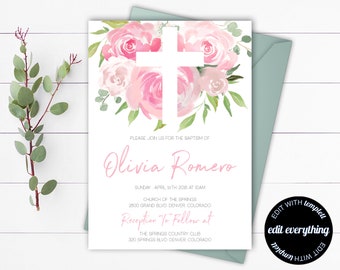 Pink Floral Baptism Invitation Template Girl Baptism Invitation Printable Baptism Invites Christening Invite Baby Girl Baptism Invitation