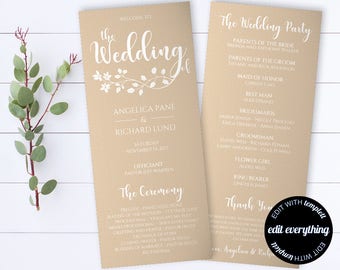 Tea Length Rustic Wedding Program Template - Kraft Wedding Ceremony Program Template - Instant Download DIY Program Template - Kraft Program