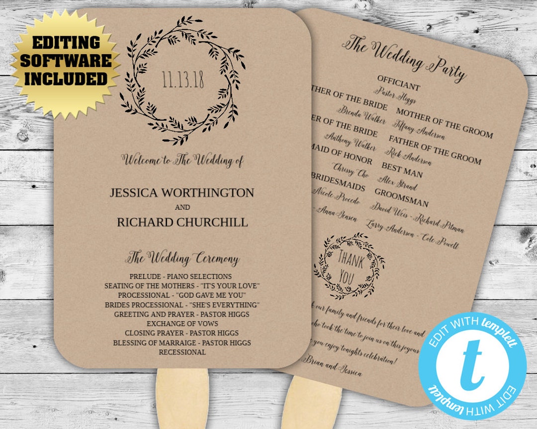 Wedding Program Template Kraft Paper Wedding Program Fan Rustic Wedding