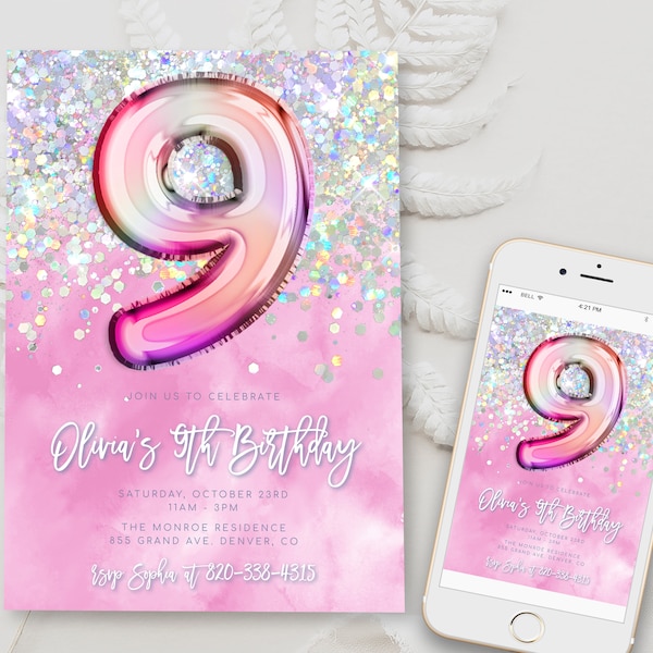 Editable Pink 9th Birthday Invitation Template Glitter Birthday Party Invite Rainbow Foil Girl Ninth Birthday Instant Download Digital BD16