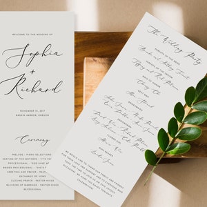 May include: Elegant wedding ceremony programs with calligraphy-style text. The main program welcomes guests to the wedding of Sophia and Richard, with the date and location. A second program lists the wedding party and ceremony details.