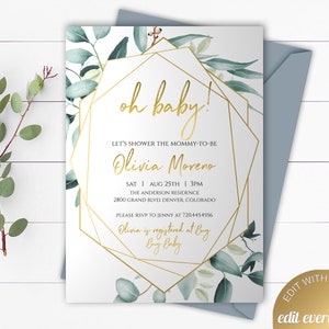 Gold Geometric Baby Shower Invitation Greenery Baby Shower Invite Gender Neutral Baby Shower Invitation Eucalyptus Baby Shower Invitation