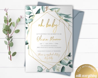 Gold Geometric Baby Shower Invitation Greenery Baby Shower Invite Gender Neutral Baby Shower Invitation Eucalyptus Baby Shower Invitation