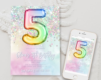 Editable 5th Birthday Invitation Template Rainbow Glitter Birthday Invite Foil Pastel Girl Fifth Birthday Instant Download Digital BD15