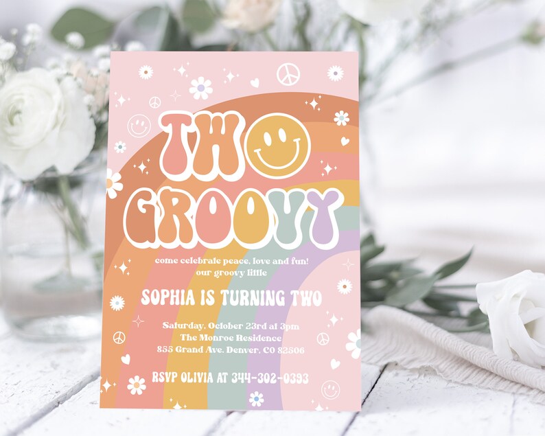 Editable Two Groovy Birthday Party Invitation Template Rainbow Etsy 