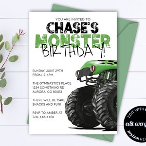 Monster Truck Invitation Monster Truck Birthday Invitation Truck Birthday Party Invitation Instant Download Editable File Monster Birthday