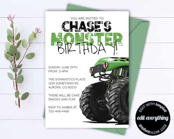 Monster Truck Invitation Monster Truck Birthday Invitation Truck Birthday Party Invitation Instant Download Editable File Monster Birthday