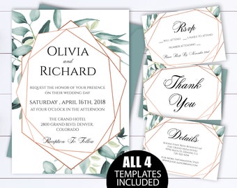 Eucalyptus Copper Geometric Wedding Invitation Eucalyptus Wedding Invitation Printable Wedding Invitation Template Botanical Wedding Invite