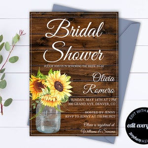 Rustic Bridal Shower Invitation - Country Bridal Shower Invite - Printable Invitation - Rustic wedding shower invite - Sunflowers