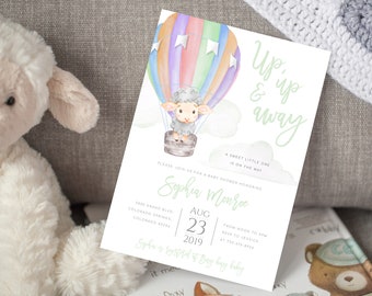 Editable Lamb Gender Neutral Hot Air Balloon Baby Shower Invite Rainbow Up Up and Away Hot Air Balloon Invitation Gender Neutral Baby Shower