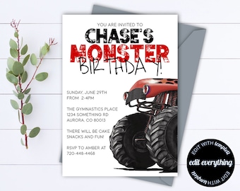 Invitación de Monster Truck Monster Truck invitación de cumpleaños camión fiesta de cumpleaños invitación descarga instantánea archivo editable cumpleaños de monstruo