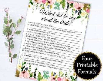 What Did He Say About His Bride Bridal Shower Games - What Did The Groom Say About His Bride - What Groom Say Games - Wedding Shower Games