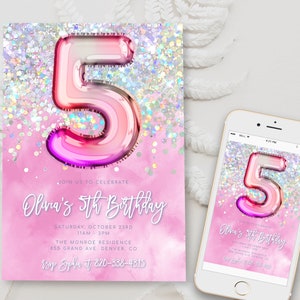 Editable Pink 5th Birthday Invitation Template Glitter Birthday Party Invite Rainbow Foil Girl Fifth Birthday Instant Download Digital BD16