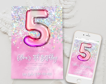 Editable Pink 5th Birthday Invitation Template Glitter Birthday Party Invite Rainbow Foil Girl Fifth Birthday Instant Download Digital BD16