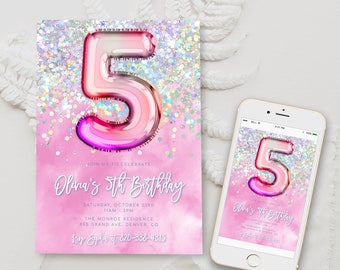 May include: Pink birthday invitation with a holographic glitter background and a large pink number 5 balloon. The text reads "Join us to celebrate Olivia's 5th Birthday" with the date, time, and location information below.