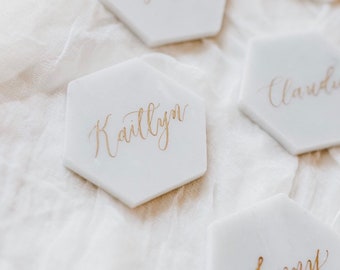 Marble Place Cards, Handwritten Calligraphy on Marble Tiles // escort cards, name cards, wedding, rehearsal dinner, shower, mitzvah