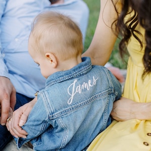 Hand-Painted Baby Jean Jacket Calligraphy, Personalized Denim Jacket for Toddlers and Babies, Custom, Personalization image 1